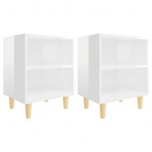 Mesitas de noche patas madera 2 uds blanco brillo 40x30x50 cm H