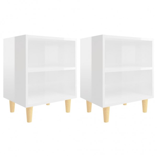 Mesas cabeceira pernas madeira 2pcs 40x30x50cm branco brilhante M 2