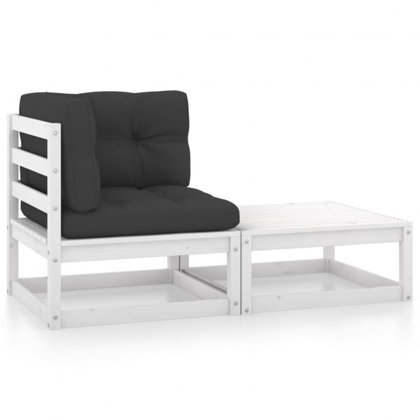2 pcs conj. lounge de jardim c/ almofadões pinho maciço branco D