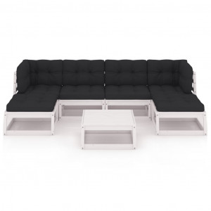 7 pcs conj. lounge de jardim c/ almofadões pinho maciço branco H